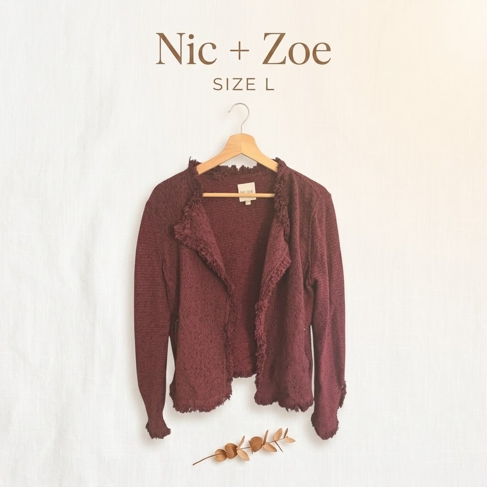 Nic + Zoe Fringe Trim Cotton Blend Knit Jacket Women Large Burgundy Boho